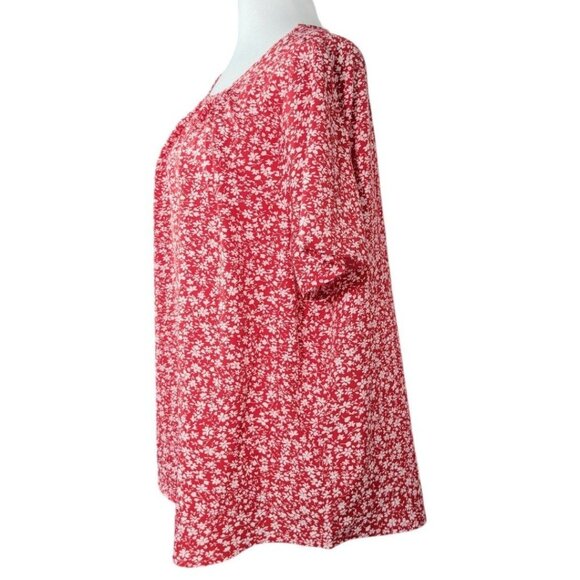 Womens Vibrant Red Floral Print Blouse Plus 1X 2X Short Sleeve Gathered Neckline - Picture 4 of 11